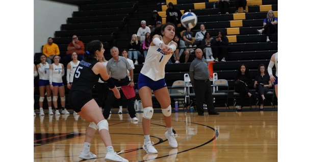 Romina Martinez takes a serve Tuesday against North Platte (Photo by Daniel Stinman, MPCC)